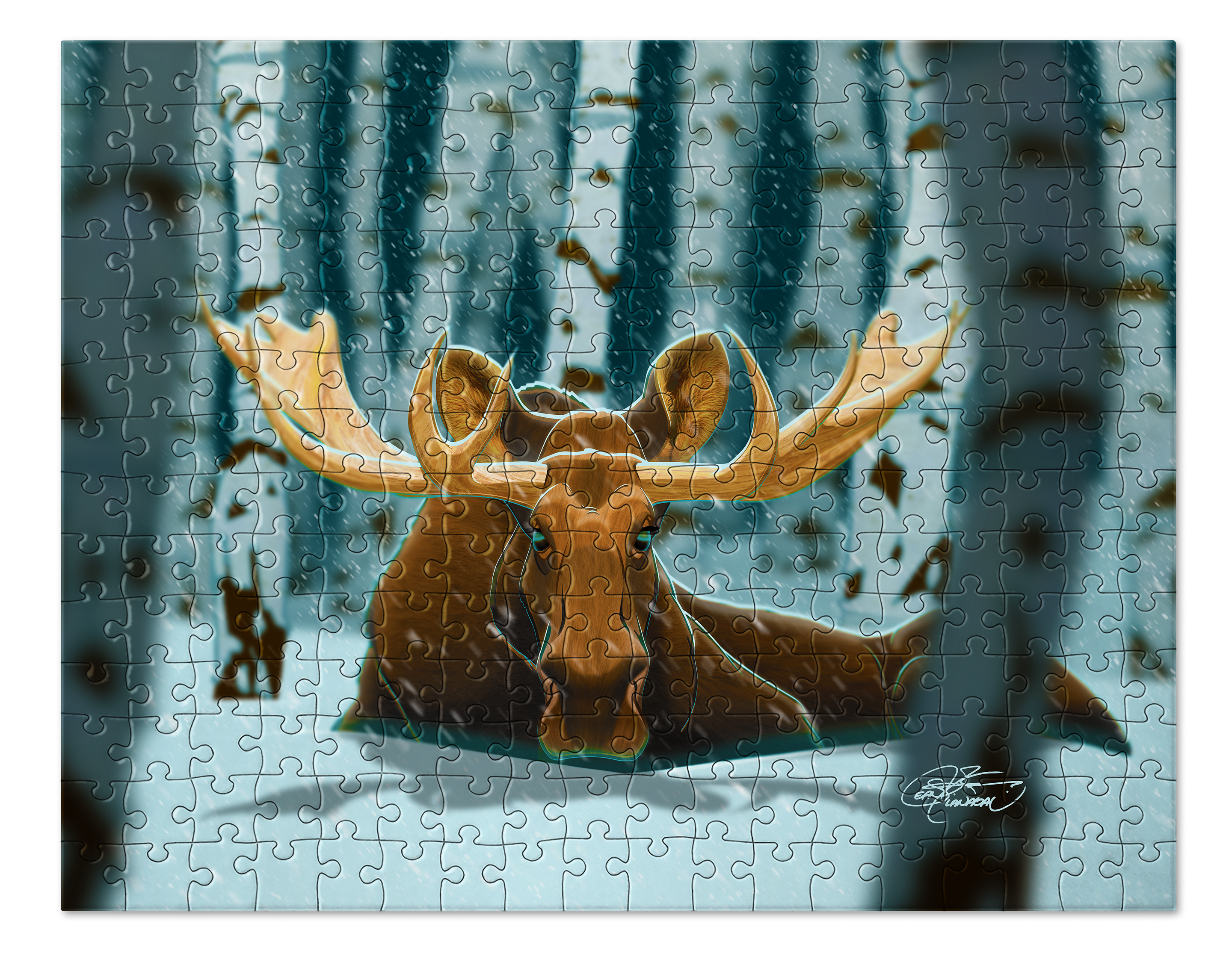Alaskan Moose in Birchwood Winter Snow Puzzle. Jigsaw Puzzle. Puzzles for Children and Adults. 252 Piece Puzzle.