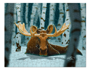 Alaskan Moose in Birchwood Winter Snow Puzzle. Jigsaw Puzzle. Puzzles for Children and Adults. 252 Piece Puzzle.