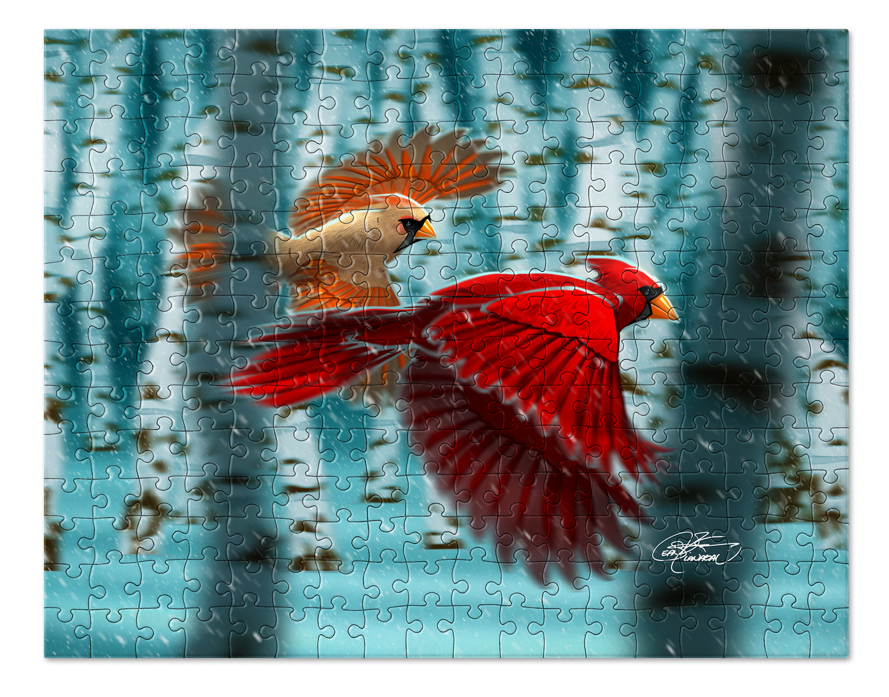 Cardinals in Winter Birchwood Snow Puzzle. Birds. Jigsaw Puzzle. Puzzles for Children and Adults. 252 Piece Puzzle.