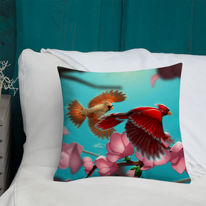 18"x18" Cardinals Pillow, Cardinal, Spring, Summer, Home Decor, Accent Piece, Cherry Blossom, Tree, Red, Orange, Teal, His, Hers