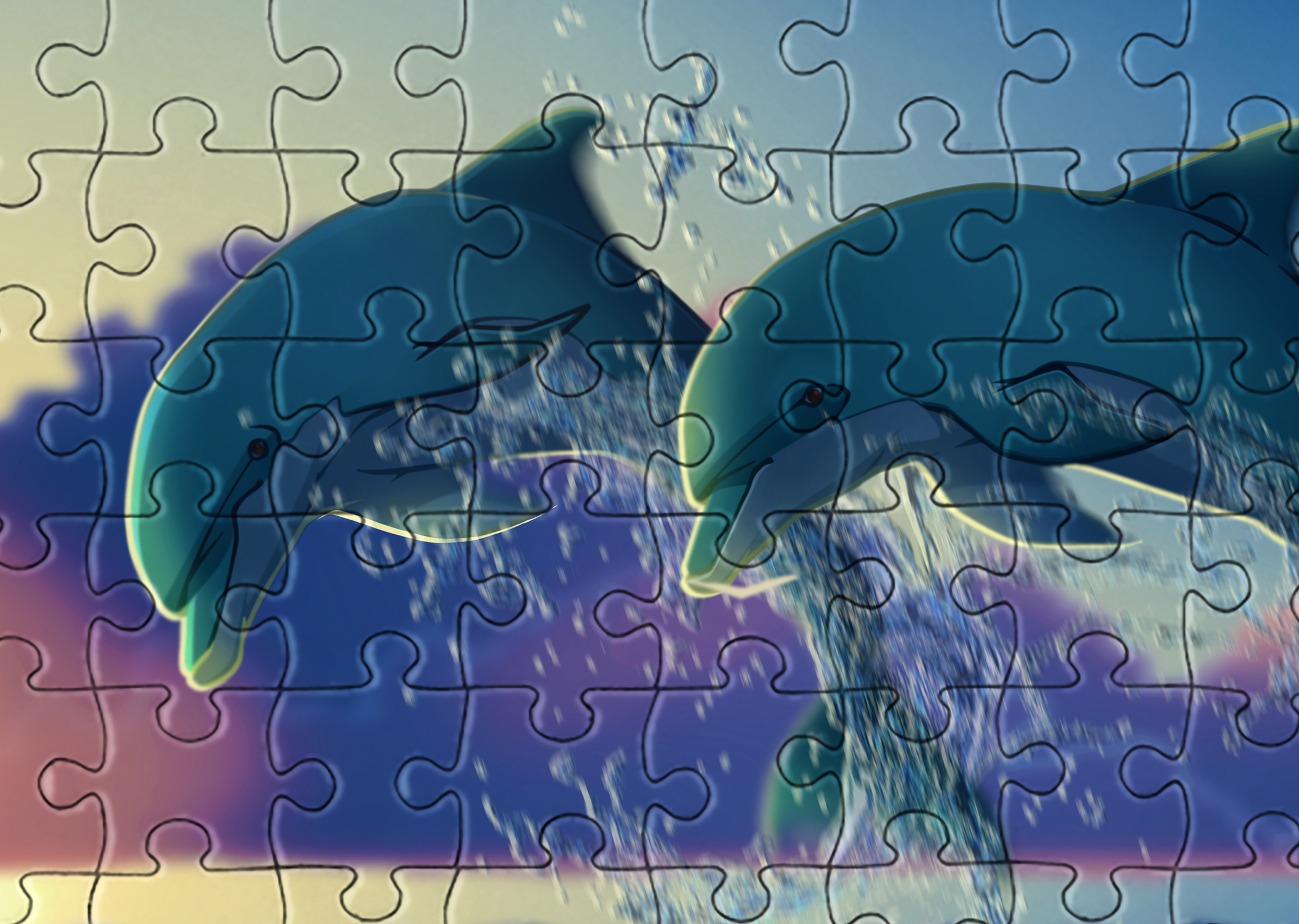 Dolphins Swimming and Jumping in the Sunset Sea Jigsaw Puzzle