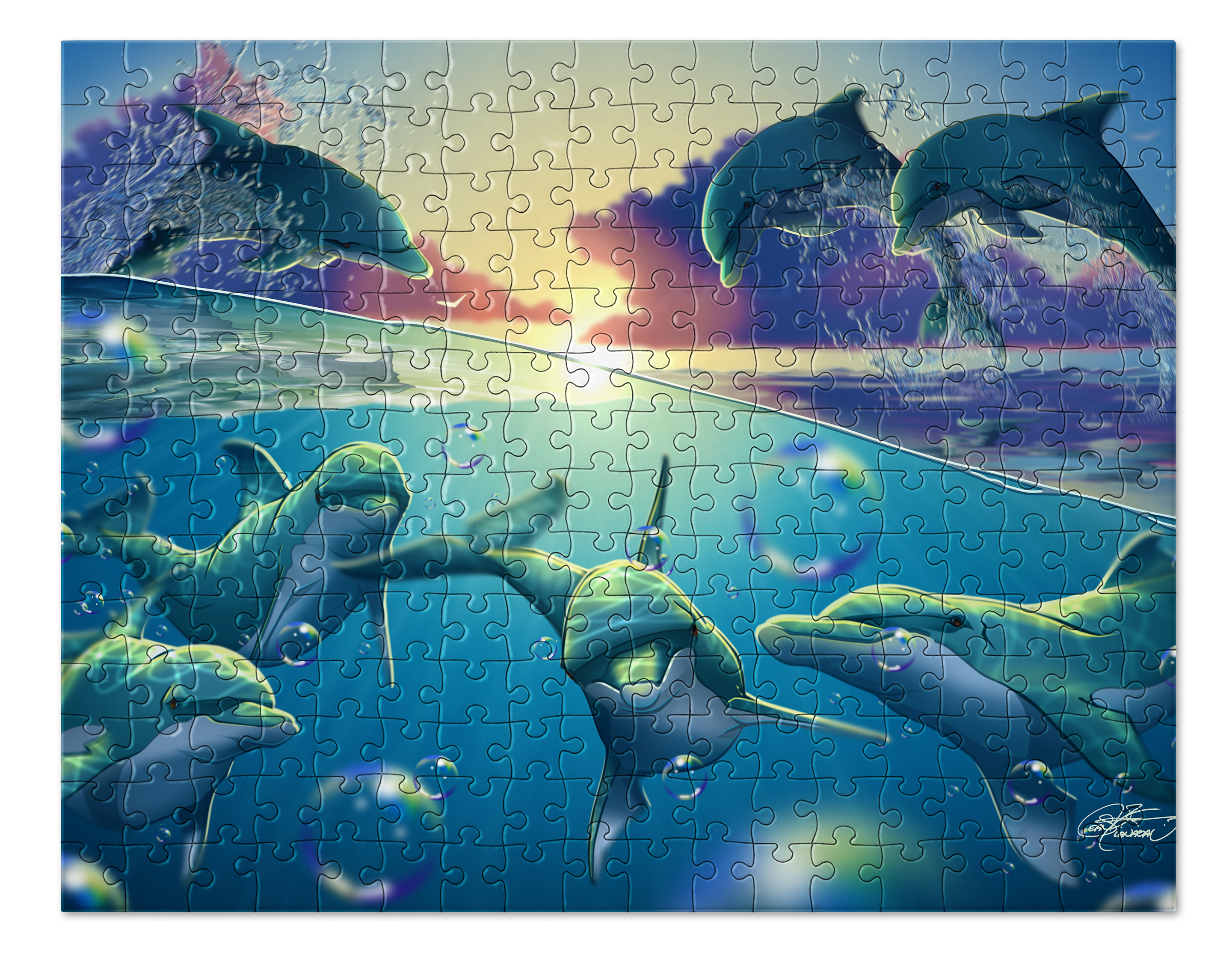 Dolphins Swimming and Jumping in the Sunset Sea Jigsaw Puzzle