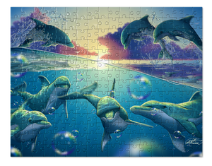 Dolphins Swimming and Jumping in the Sunset Sea Jigsaw Puzzle