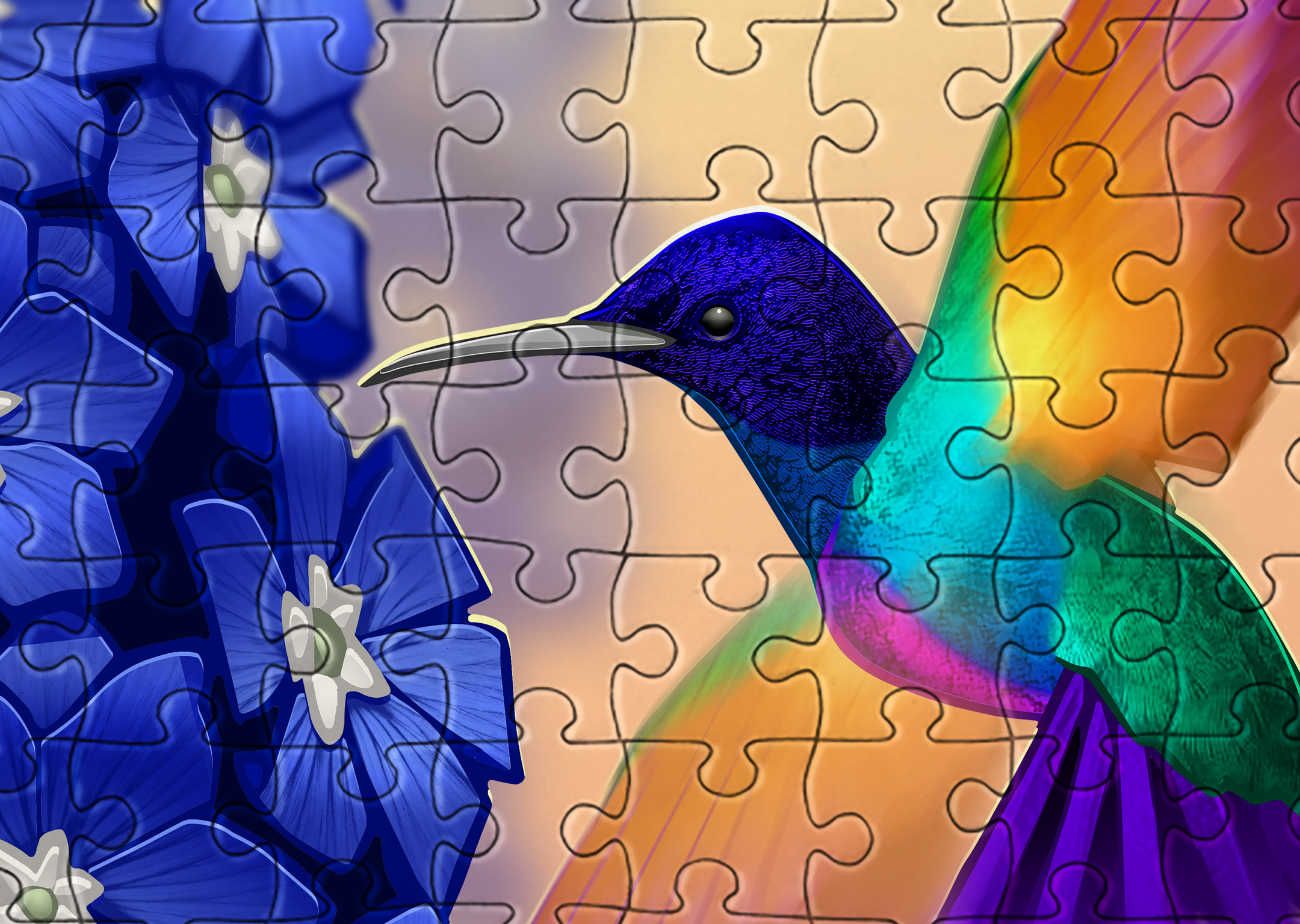 Hummingbirds and Delphiniums Puzzle. Birds. Jigsaw Puzzle. Puzzles for Children and Adults. 252 Piece Puzzle.