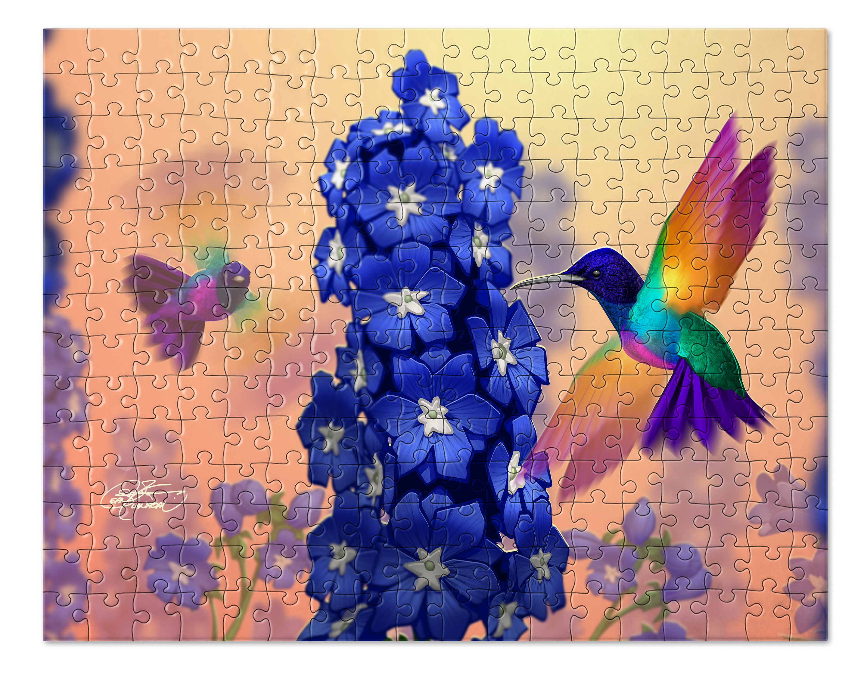 Hummingbirds and Delphiniums Puzzle. Birds. Jigsaw Puzzle. Puzzles for Children and Adults. 252 Piece Puzzle.