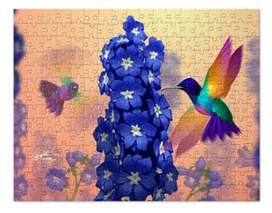 Hummingbirds and Delphiniums Puzzle. Birds. Jigsaw Puzzle. Puzzles for Children and Adults. 252 Piece Puzzle.