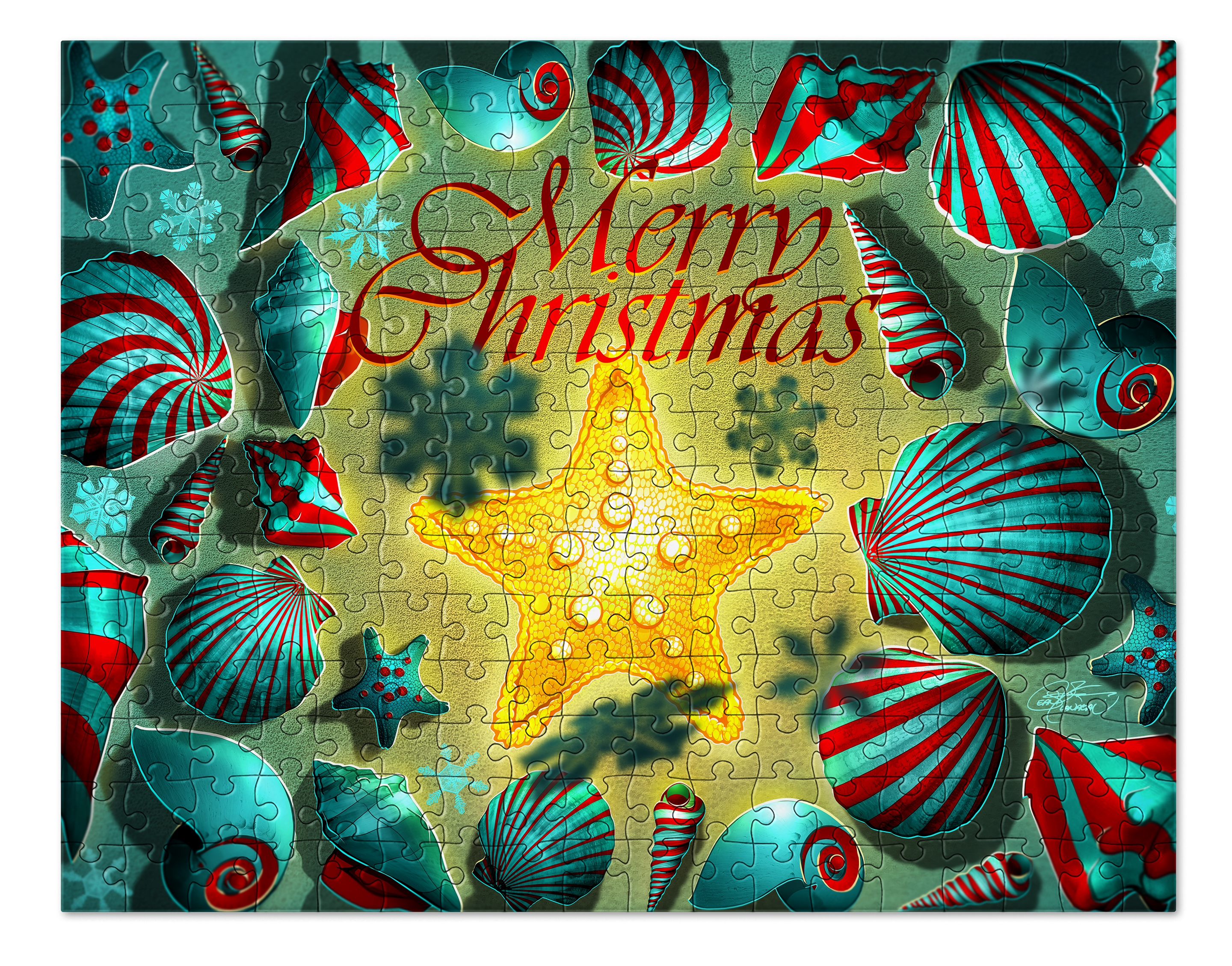Merry Christmas Starfish and Seashells Beach Puzzle. Beach. Winter. Jigsaw Puzzle. Puzzles for Children and Adults. 252 Piece Puzzle.