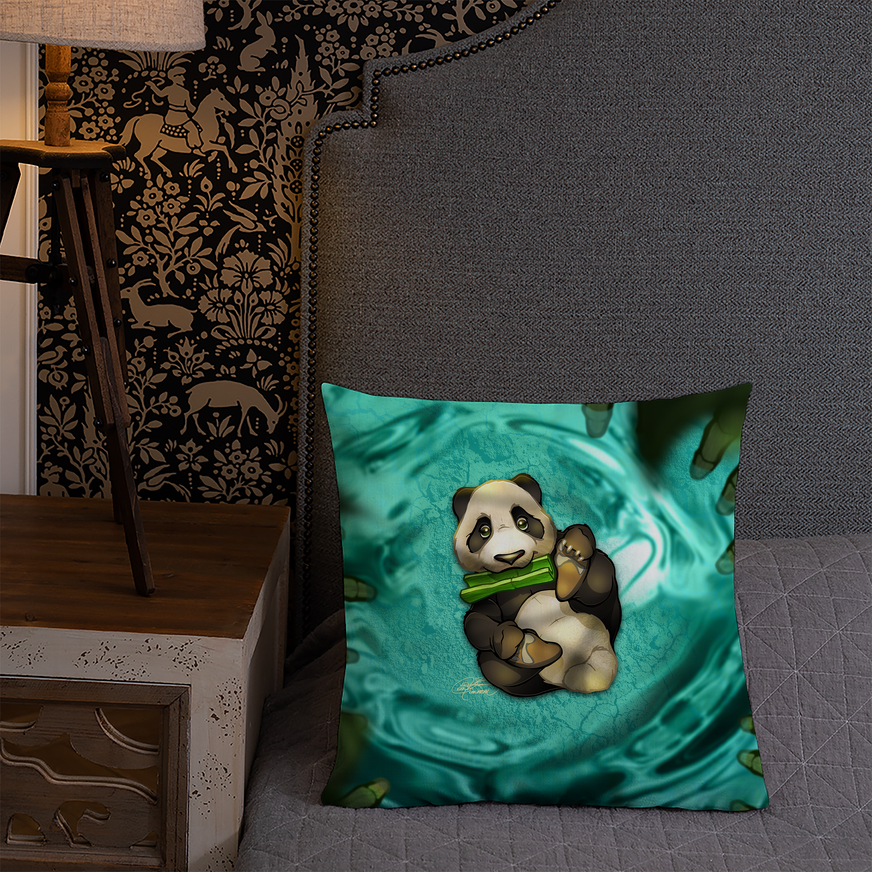 18"x18" Panda Bear Pillow, Bamboo, Gift, Children and Adults, Decorative Accent, Teal, Home Decor