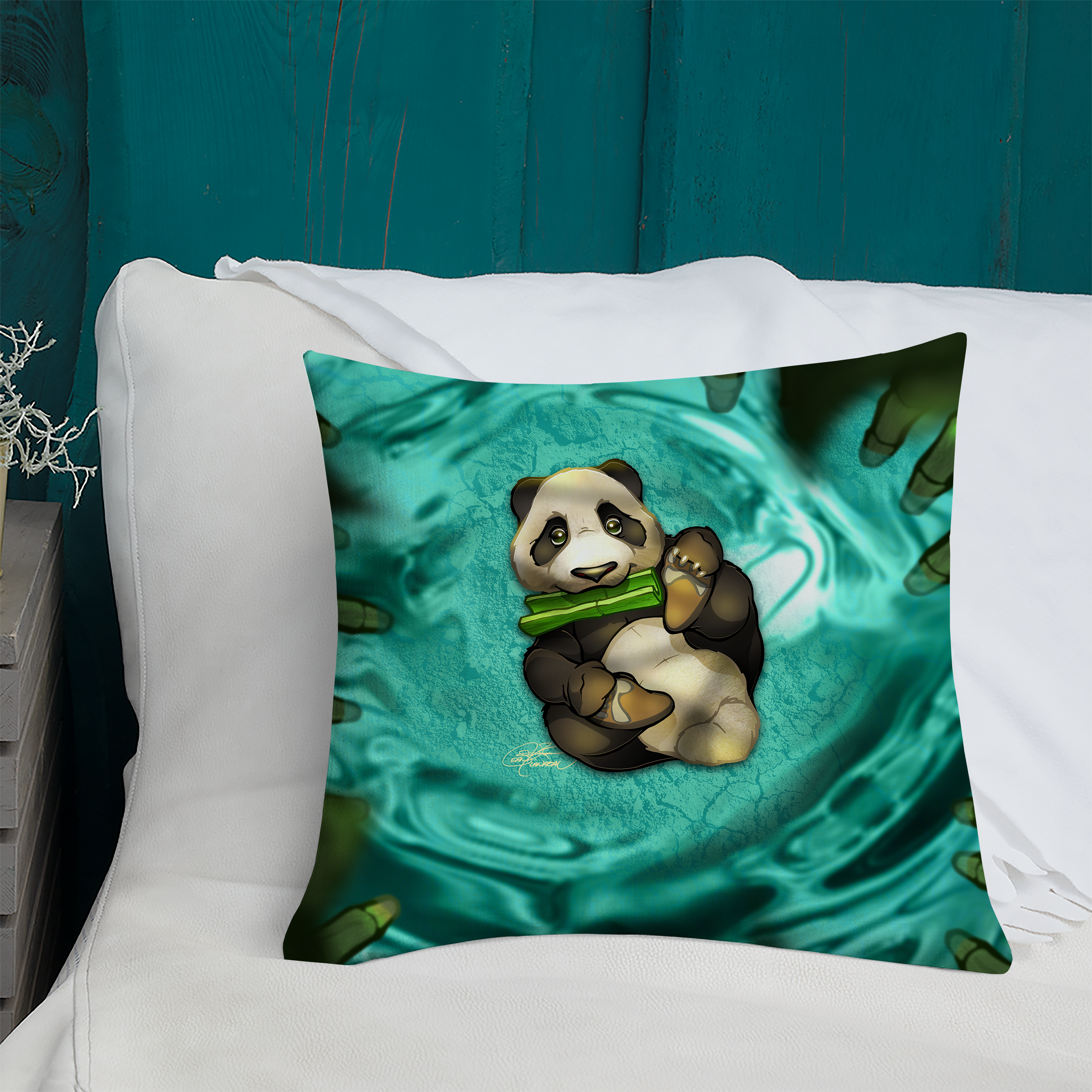 18"x18" Panda Bear Pillow, Bamboo, Gift, Children and Adults, Decorative Accent, Teal, Home Decor