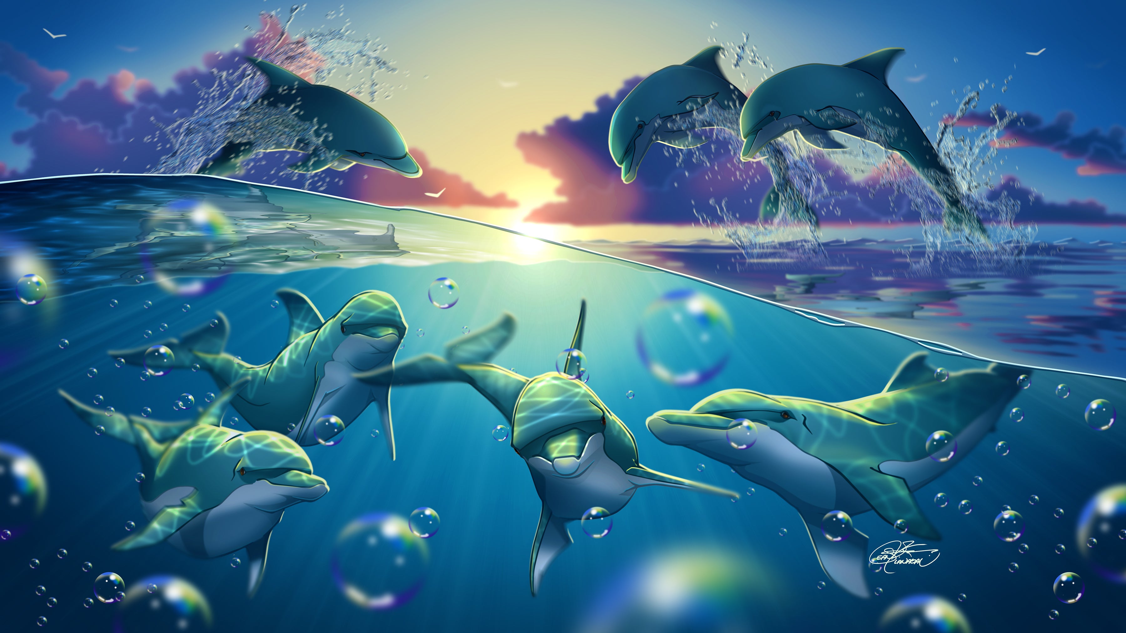 Dolphins Swimming and Jumping in the Sunset Sea Jigsaw Puzzle