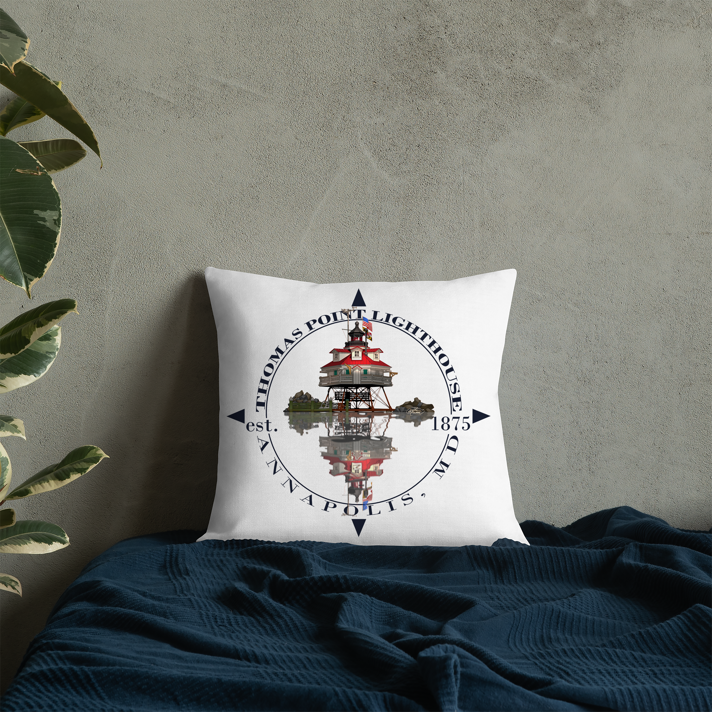 18"x18" Thomas Point Shoal Lighthouse Annapolis, Maryland, Flag, Chesapeake Bay, Designer Pillow, Decorative, Two Sided