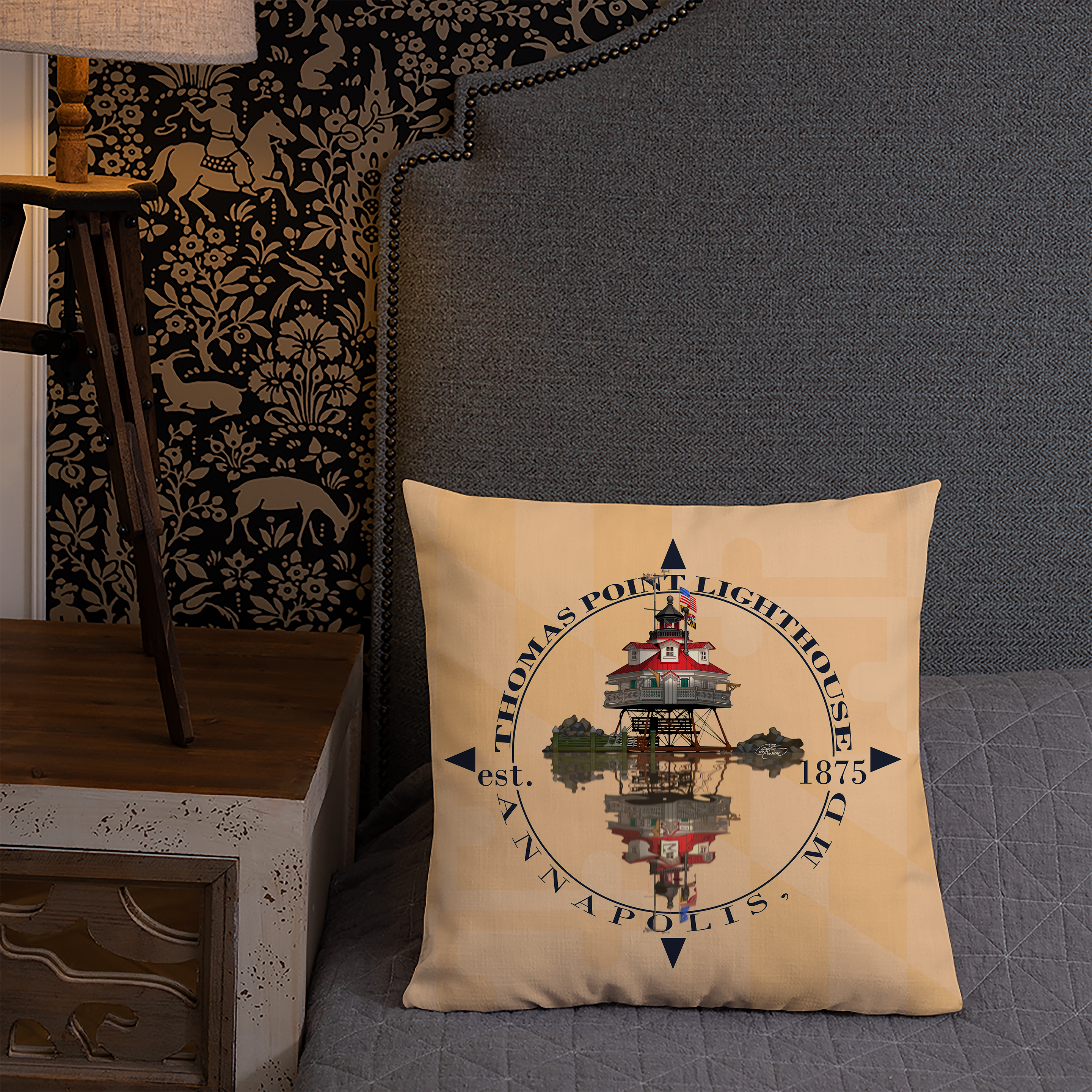 18"x18" Thomas Point Shoal Lighthouse Annapolis, Maryland, Flag, Chesapeake Bay, Designer Pillow, Decorative, Two Sided