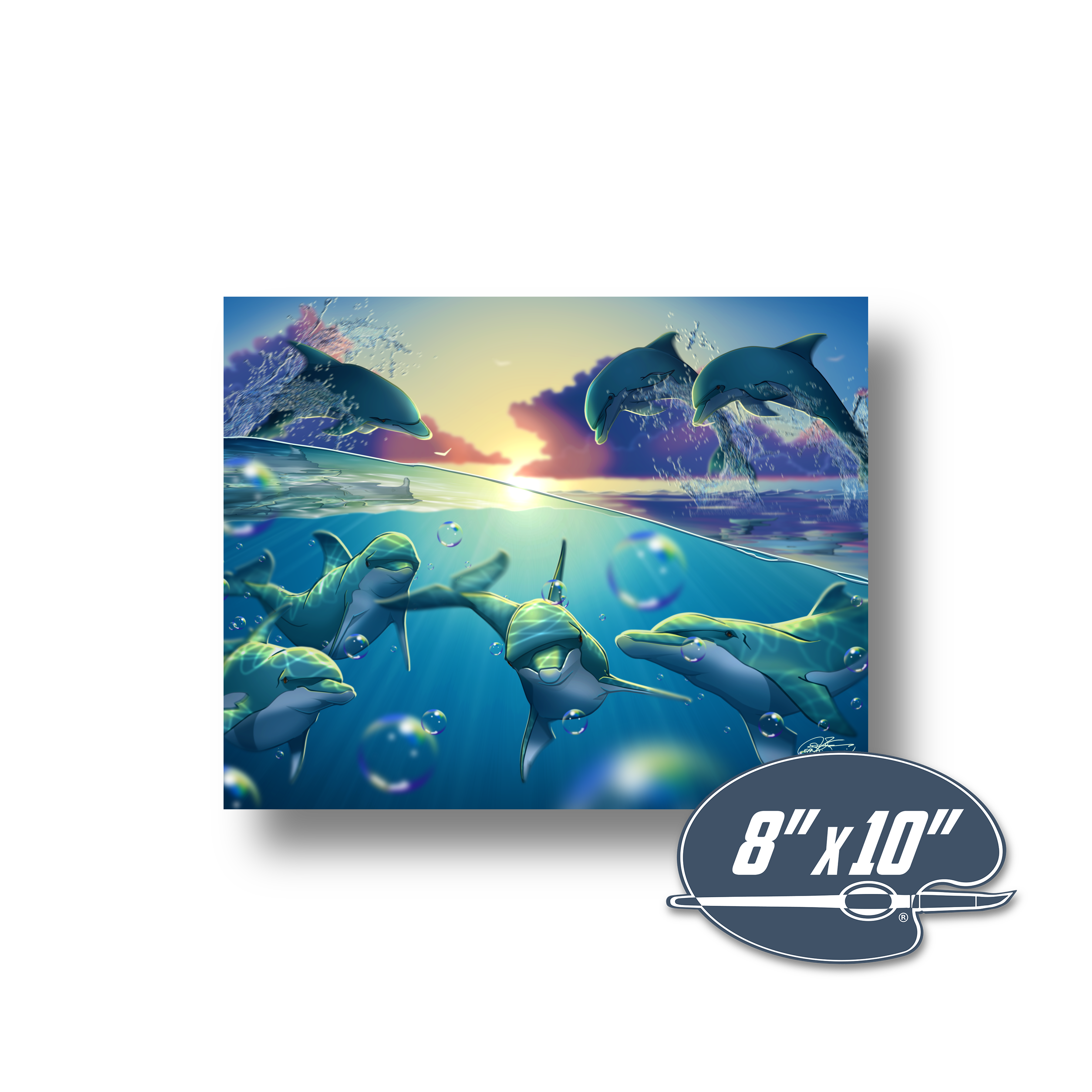 Dolphins Poster, Dolphin Art, Dolphins Print, Giclée Unframed, Sunset, Ocean, Under the Sea, Wall Art, Home Decor