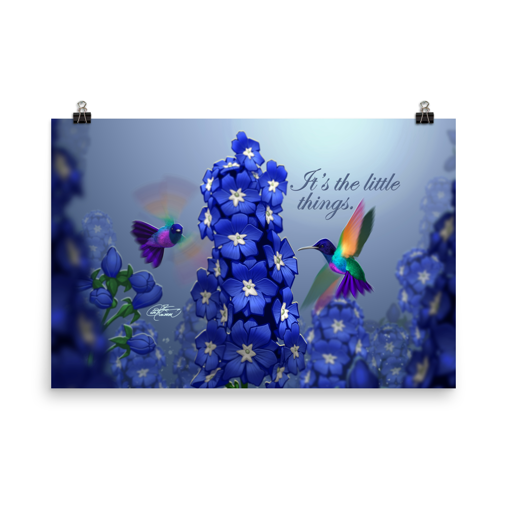 Hummingbirds & Delphiniums Poster